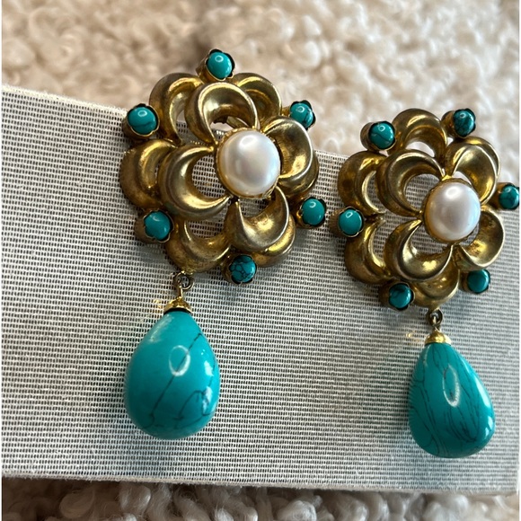 Vintage Estate Genuine Pearls with turquoises Drop Dangle 2.25” - Picture 3 of 6